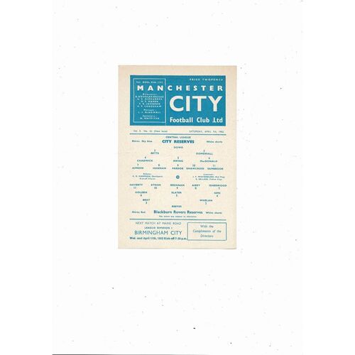 Manchester City v Blackburn Rovers Central League Football Programme 1961/62