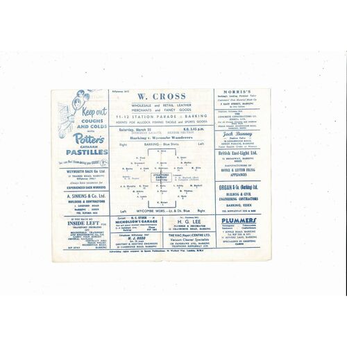 1960/61 Barking v Wycombe Wanderers Isthmian League Football Programme