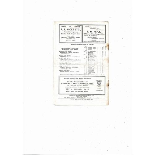 1957/58 Newport County v Brighton Football Programme