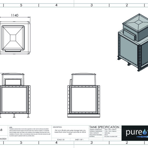 PW.1X1X1.IFB.AB - 1000 LITRE SECTIONAL WATER TANK, INTERNALLY FLANGED BASE (IFB) C/W FVH