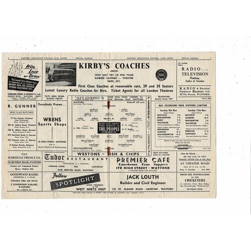 1953/54 Watford v Southampton Football Programme