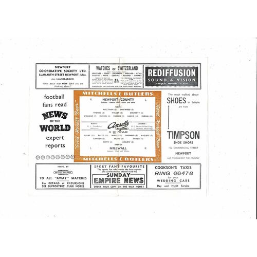1956/57 Newport County v Millwall Football Programme