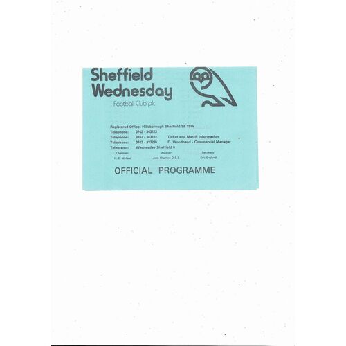 Sheffield Wednesday v Leeds United Central League Football Programme 1982/83