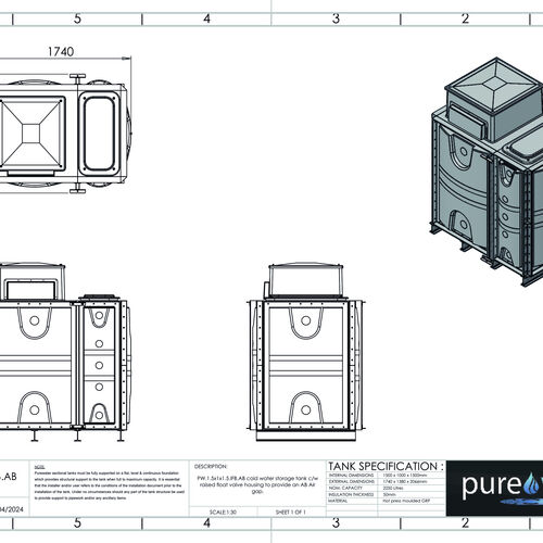 PW.1.5X1X1.5.IFB.AB - 2250 LITRE SECTIONAL WATER TANK, INTERNALLY FLANGED BASE (IFB) C/W FVH