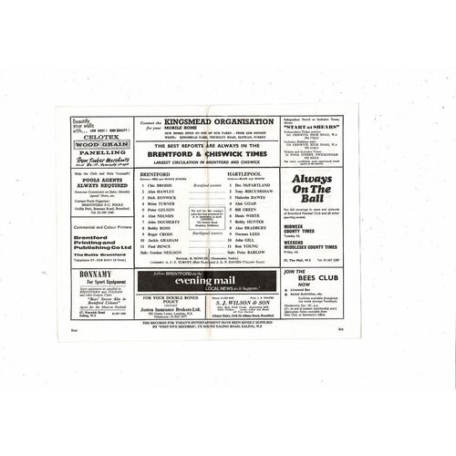 1970/71 Brentford v Hartlepool United Football Programme