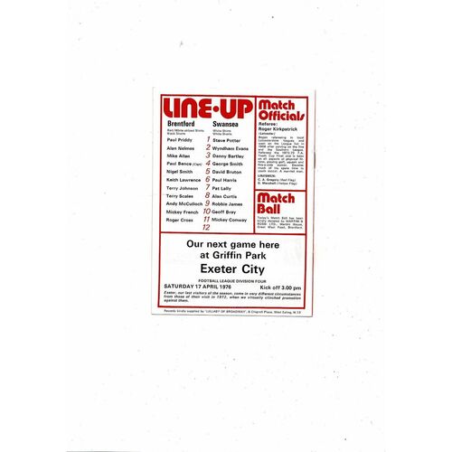 1975/76 Brentford v Swansea Football Programme