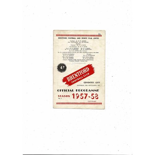 1957/58 Brentford v Coventry City Football Programme