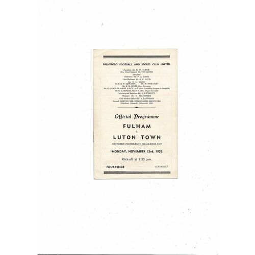 1959/60 Fulham v Luton Town Floodlight Cup Football Programme @ Brentford