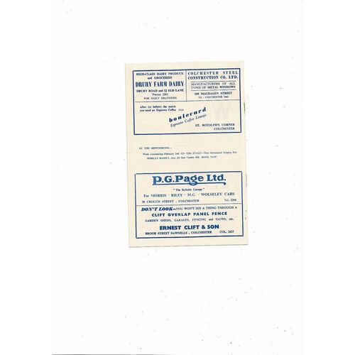 1958/59 Colchester United v Doncaster Rovers Football Programme