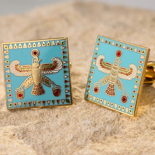 The Persian Falcon. Blue Turquoise with 3 Red Stones. Cufflinks.