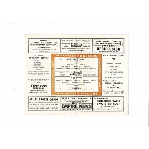 1954/55 Newport County v Watford Football Programme
