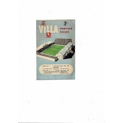1949/50 Aston Villa v Fulham Football Programme