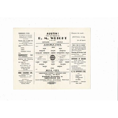 1959/60 Lincoln City v Hull City Football Programme