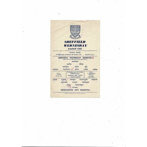 Sheffield Wednesday v Manchester City Central League Football Programme 1957/58