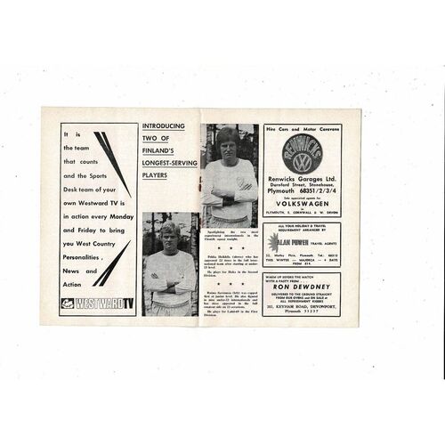 1973 England v Finland Amateur International Football Programme at Plymouth