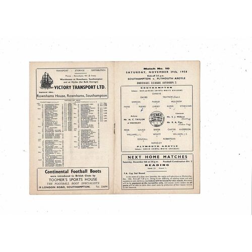 1958/59 Southampton v Plymouth Football Programme