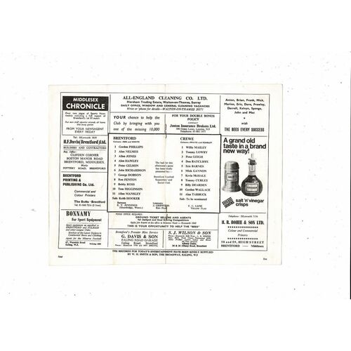 1967/68 Brentford v Crewe Alexandra Football Programme