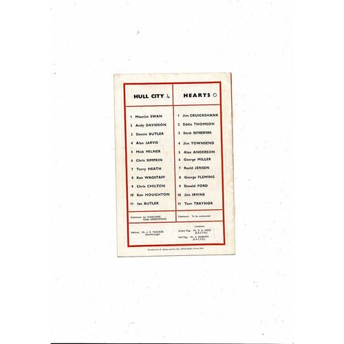 Hull City v Hearts Friendly Football Programme 1967/68