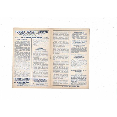 1957/58 Bolton Wanderers v Arsenal Football Programme