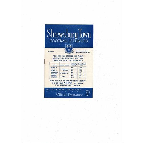 1954/55 Shrewsbury Town v Swindon Town Football Programme