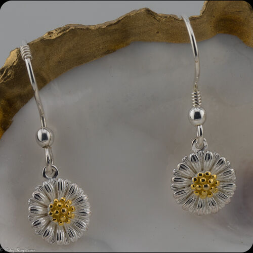Dainty Sterling Silver Daisy Hookwire Earrings with Gold-Coloured Stamens