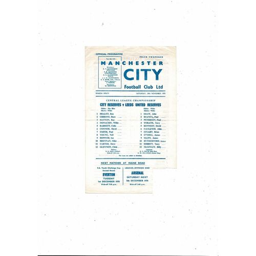 Manchester City v Leeds United Central League Football Programme 1970/71