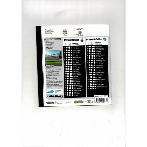 Newcastle United v FC Levadia Tallinn UEFA Cup Football Programme 2006/07