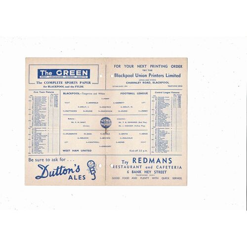 1958/59 Blackpool v West Ham United Football Programme