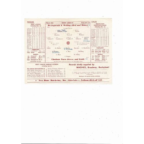 1957/58 Bexleyheath & Welling v Chatham Kent League Cup Football Programme