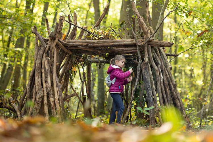 A young girl wearing a pink jacket and backpack explores a rustic wooden shelter built from natural sticks and branches in a forest setting. The structure blends seamlessly into the woodland environment, surrounded by vibrant greenery and dappled sunlight filtering through the trees. The scene evokes a sense of adventure and creativity, capturing the joy of outdoor play and connection with nature.
