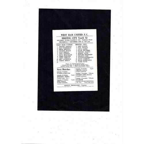 West Ham United v Bristol City SJ Floodlit Cup Football Programme 1976/77