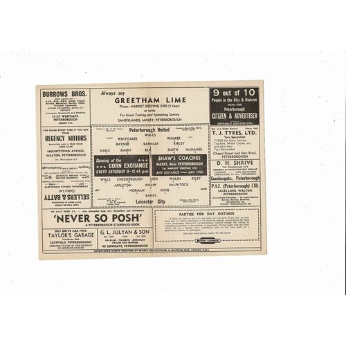 Peterborough United v Leicester City Friendly Football Programme 1960/61