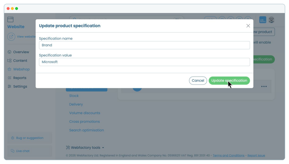 How to add and manage product specifications | Webfactory Support | Webfactory