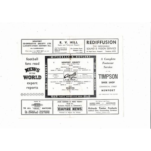 1958/59 Newport County v Reading Football Programme