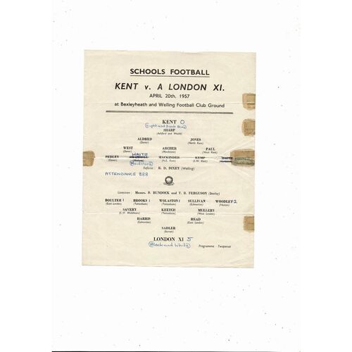 Kent v London X1 Schools Friendly Programme @ Bexleyheath & Welling 1956/57