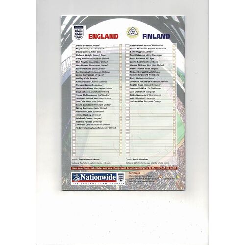 2001 England v Finland Football Programme @ Liverpool