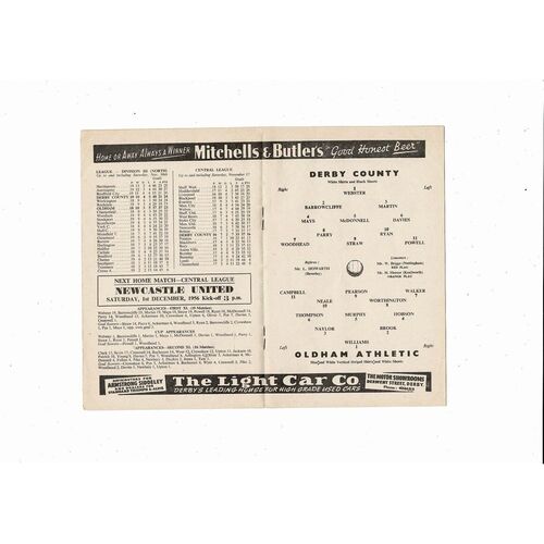 1956/57 Derby County v Oldham Athletic Football Programme