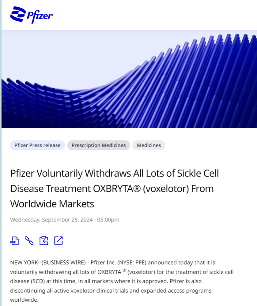 Pfizer Withdraws OXBRYTA ® (Voxelotor) for the treatment of sickle cell disease (SCD)