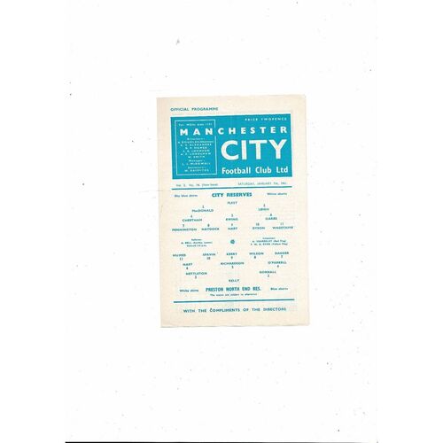 Manchester City v Preston Central League Football Programme 1960/61