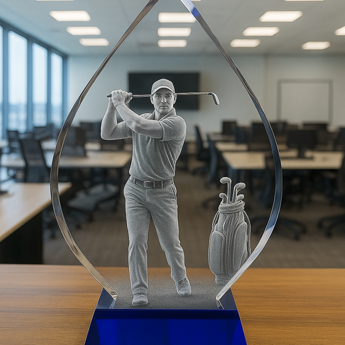 The Mega Plus 250mm Tall, Blue Base, Presentation Crystal/Trophy