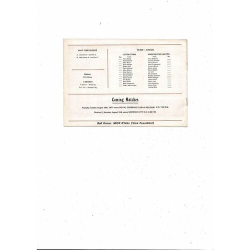 Luton Town v Manchester United Friendly Football Programme 1971/72