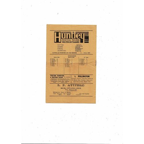 1960/61 Walton & Hersham v Hornchurch Athenian League Football Programme