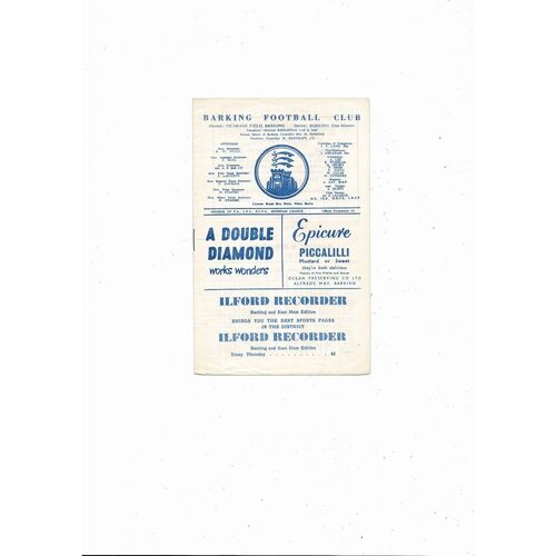 1960/61 Barking v Wycombe Wanderers Isthmian League Football Programme