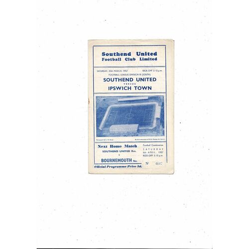 1956/57 Southend United v Ipswich Town Football Programme