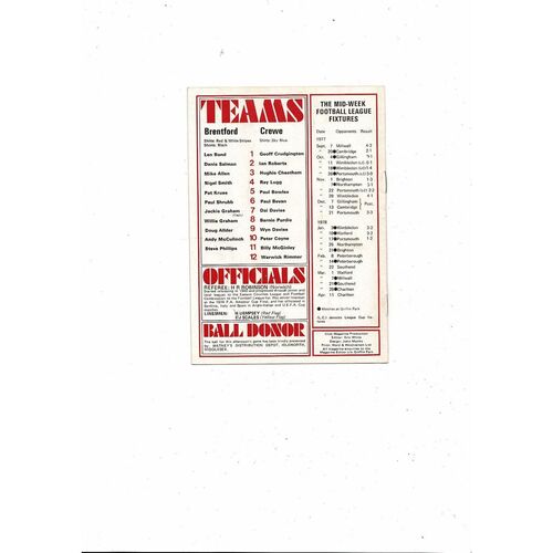 1977/78 Brentford v Crewe Alexandra Football Programme