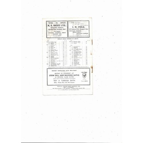 1957/58 Newport County v Swindon Town Football Programme