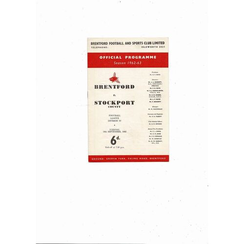 1962/63 Brentford v Stockport County Football Programme