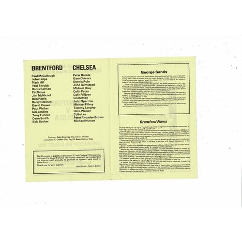 Brentford v Chelsea George Sands Memorial Game Football Programme 1980/81