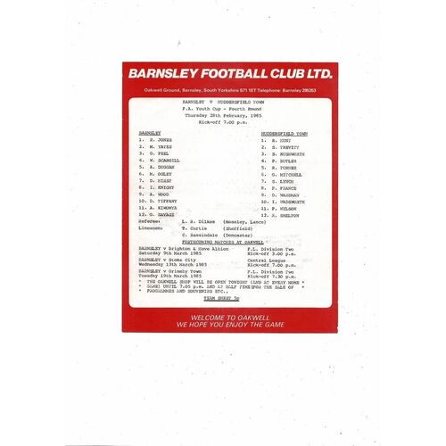 Barnsley v Huddersfield Town FA Youth Cup Football Programme 1984/85