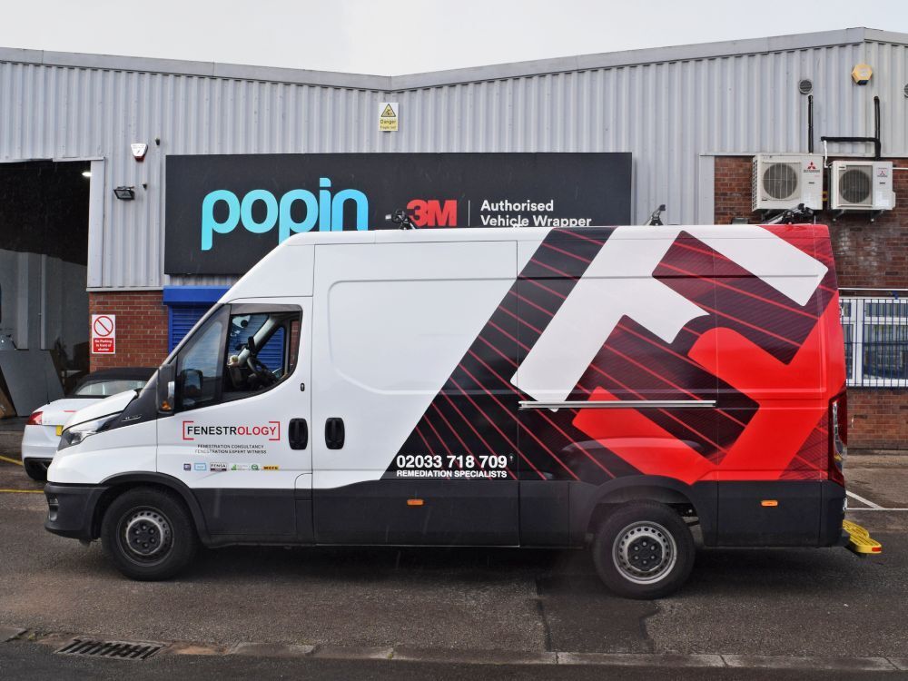Branded partial vehicle wrap on an Iveco Daily company van outside Popin in Cardiff.